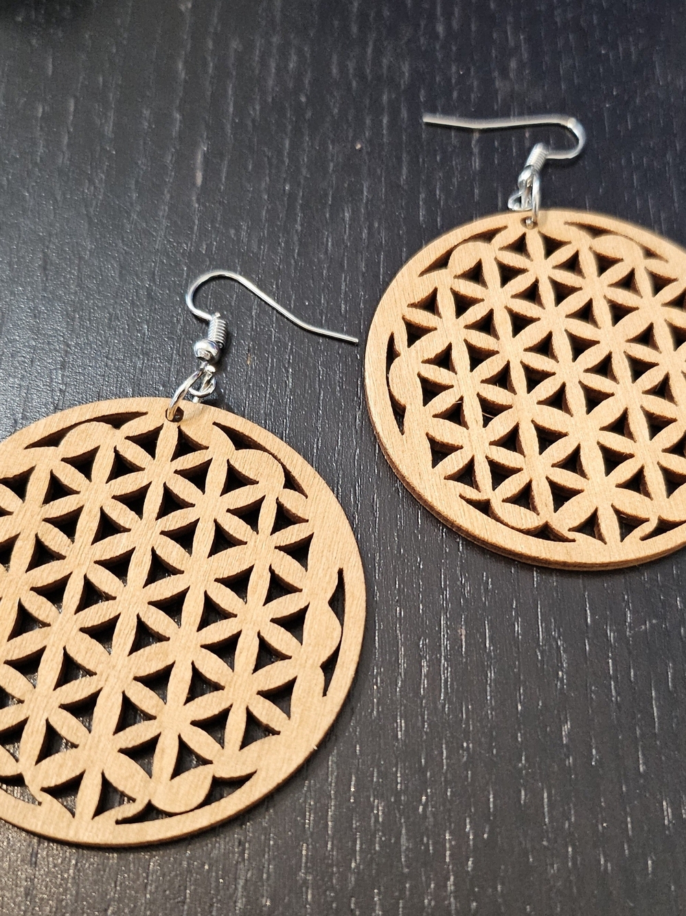 Wooden Flower of Life Dangle Earrings - Natural Brown